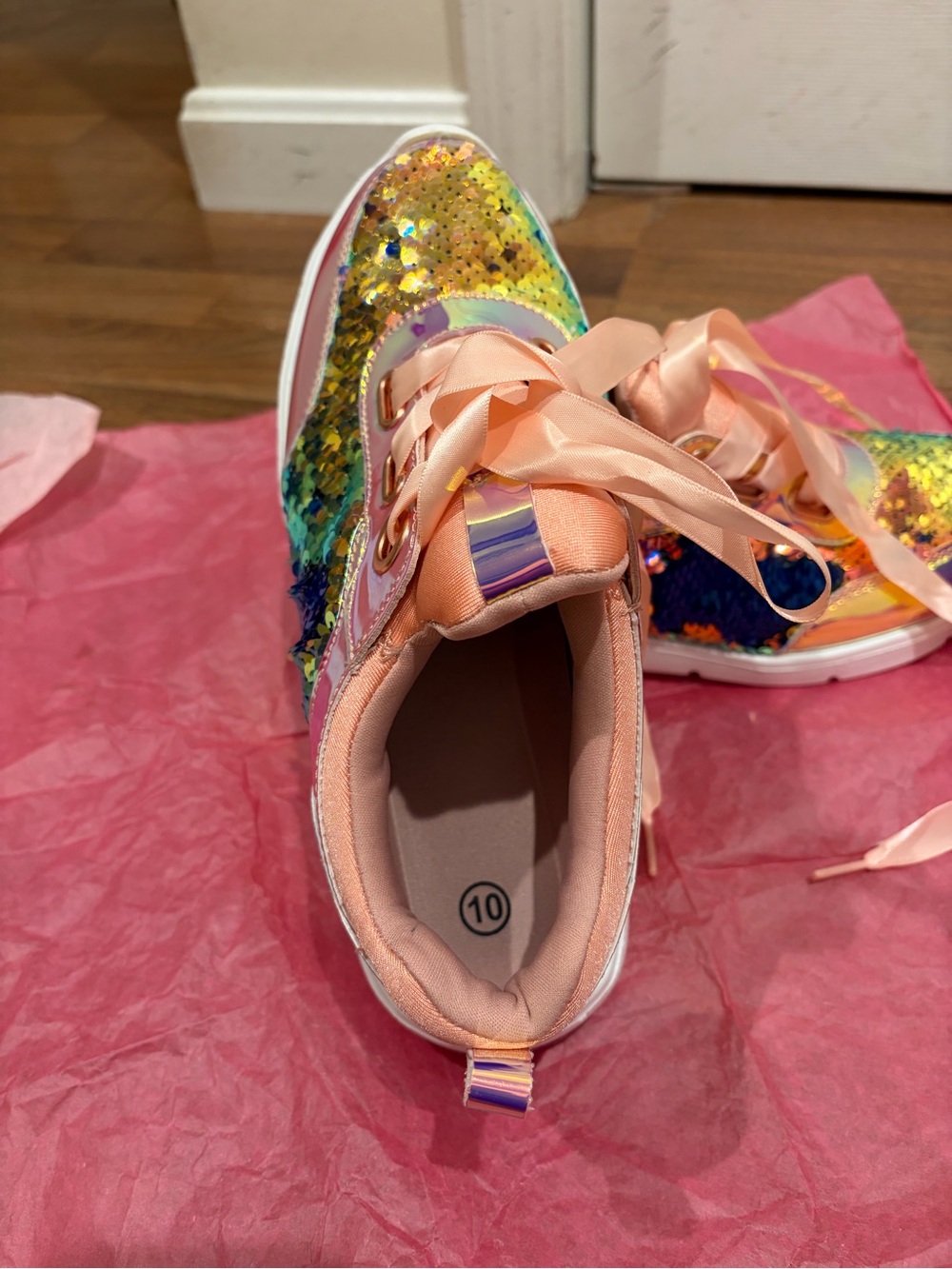Girls Iridescent Sequin Rainbow Sneakers with Pink Satin Laces - Picture 2 of 8